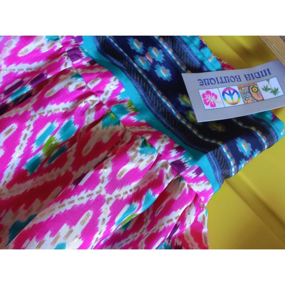 India Boutique Pink Ikat Tie Tiered Maxi SET 2PCS Gold Accents Boho NEW SIZE L - Picture 2 of 8